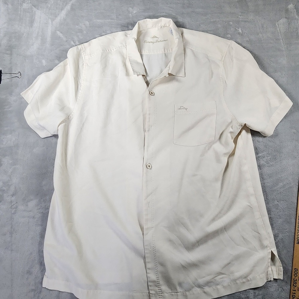 Tommy Bahama Shirt Mens‎ XL Ivory Solid Silk Short Sleeve Button Up Hawaiian